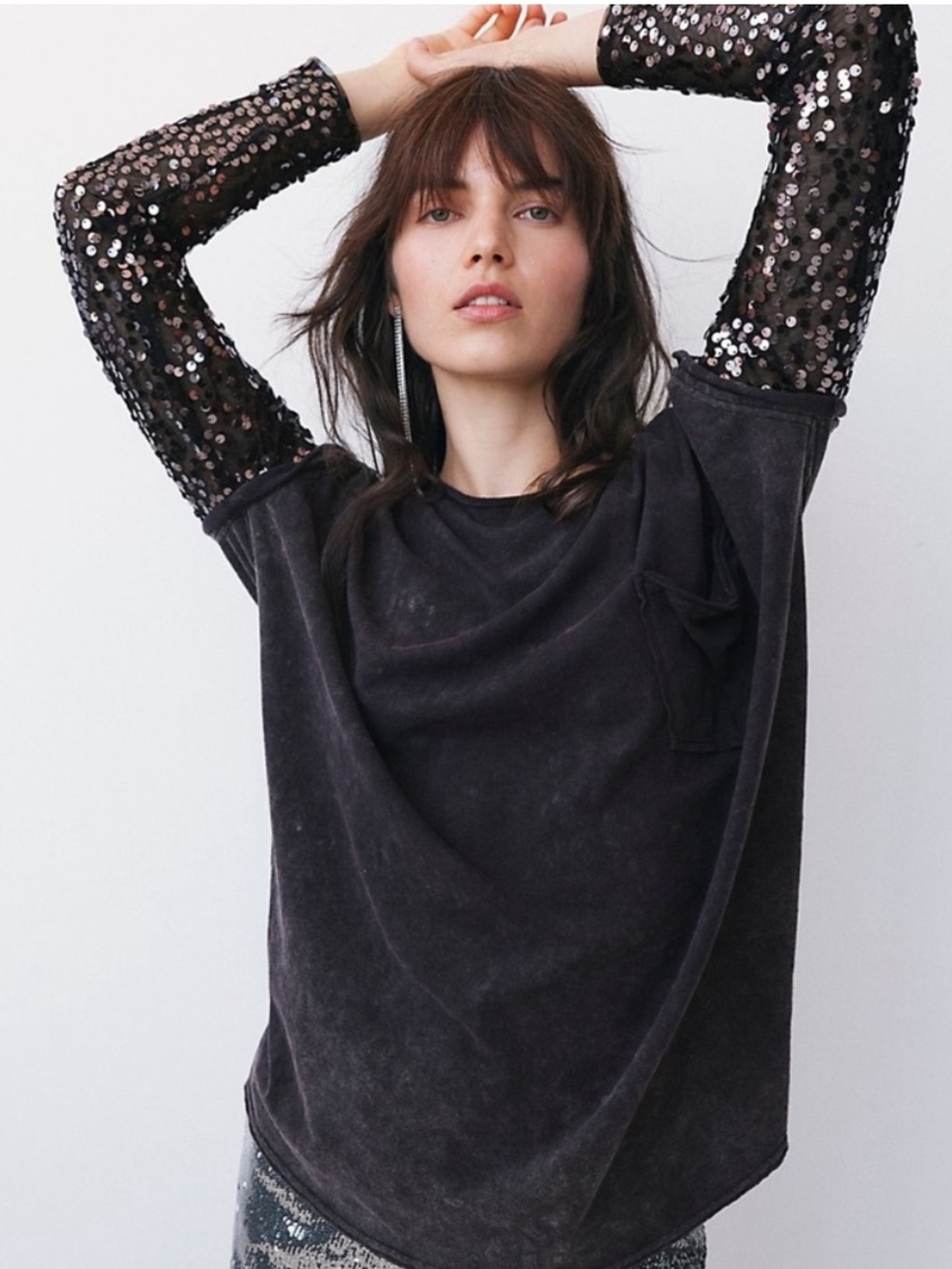 Free People Celine Tee Sequined Embellished Sleeve Oversized Twofer Top Sz Large